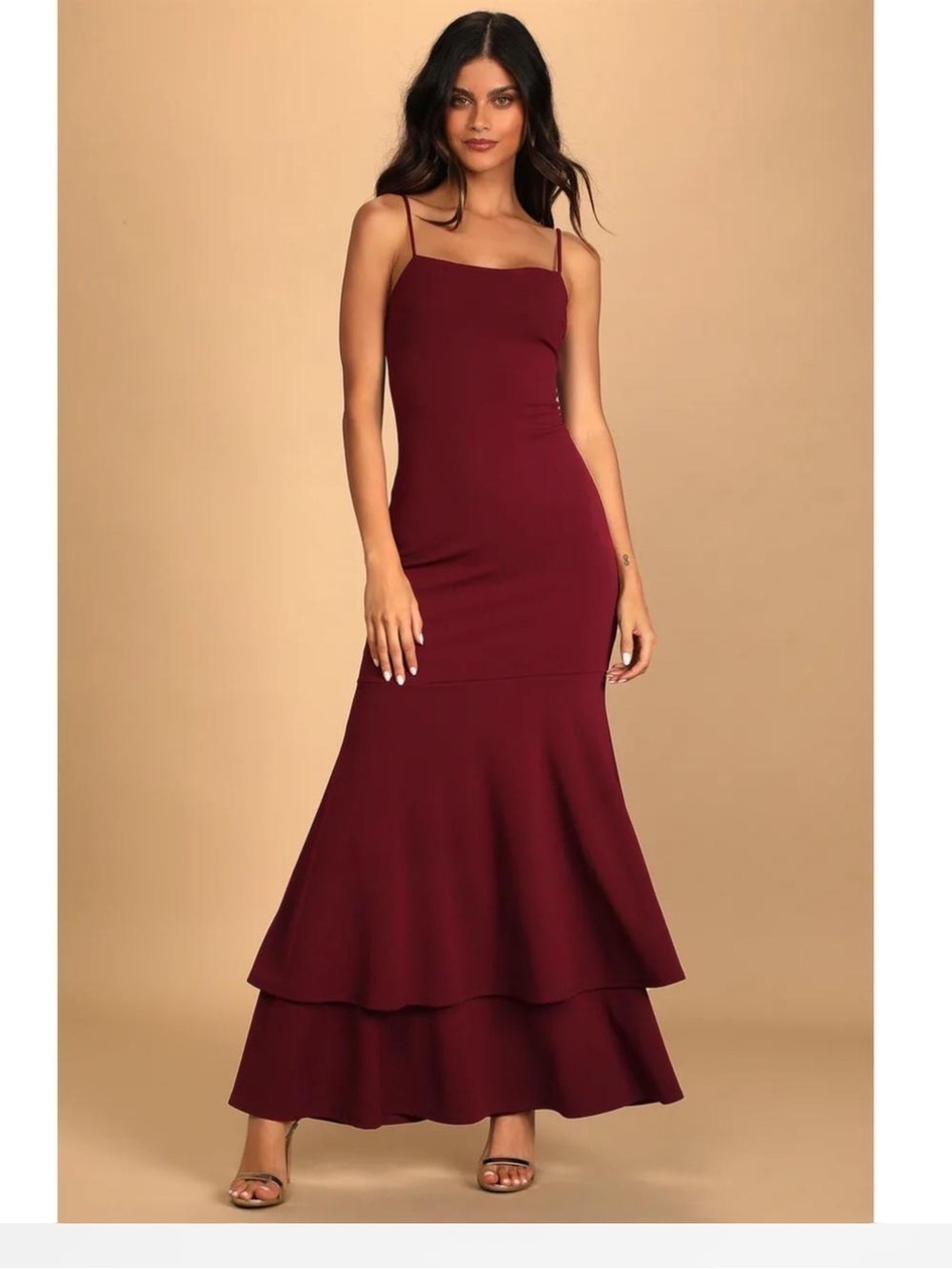 Lulu's Burgundy Tiered Spaghetti-Strap Maxi Dress